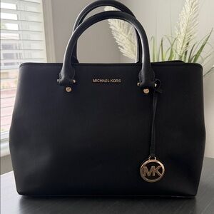Michael Kors Black Leather Top-Handle Satchel with Gold Logo Tag